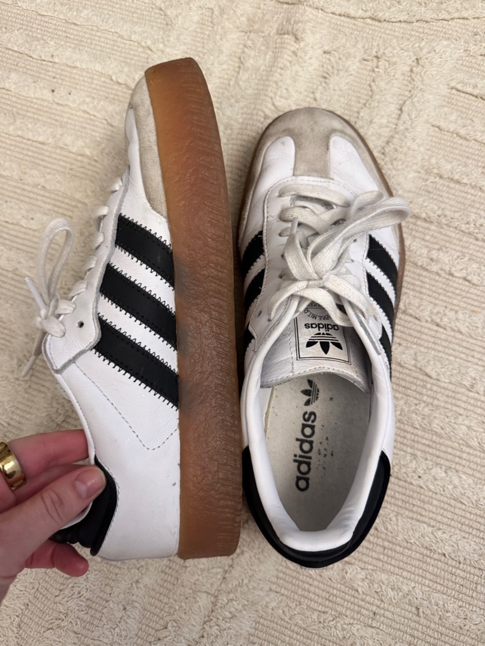 adidas White and Black Classic Trainer with Gum Sole